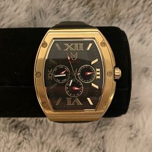 Mstr mens major gold and black leather watch